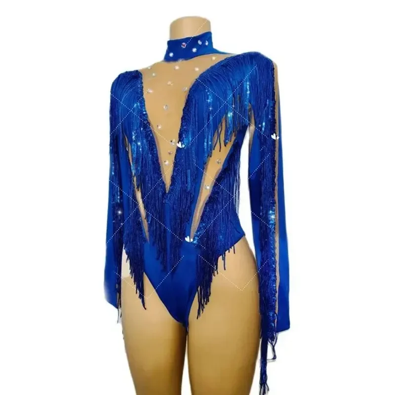 الأزرق الترتر شرابة ارتداءها مثير اللاتينية القطب الرقص الجوارب النساء راقصة المغني DJ ملهى ليلي المرحلة ارتداء فريق الأداء زي