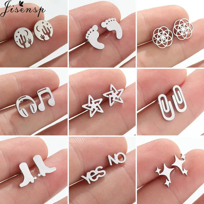 2026 Stainless Steel Earrings Geometric Women Men Minimalist Footprints Music Boots Earings YES NO Ear Studs Piercing Jewelry