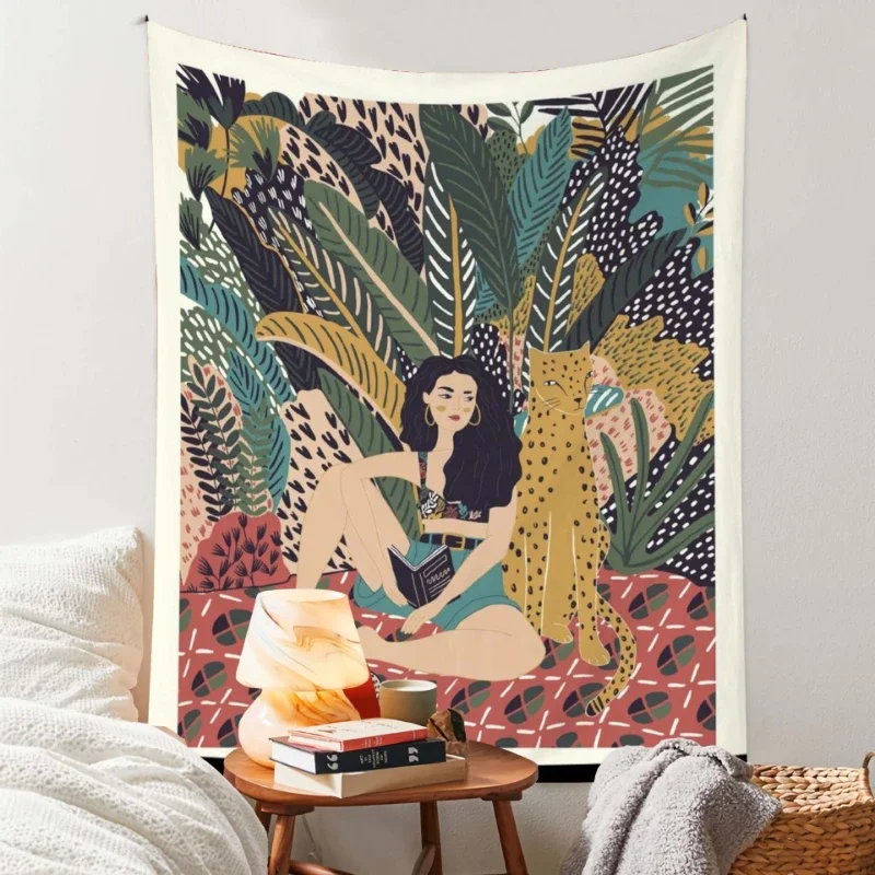 Home Small Fresh Decoration Background Cloths Animal and Plant Hanging Blanket Bedroom Bedhead Wall Surface Tapestry Green 2pcs