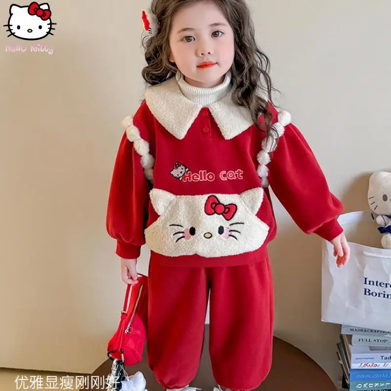 

Утепленный свитшот с лацканами Kawaii для девочек, осенне-зимний комплект с героями мультфильмов, новая детская теплая футболка в стиле аниме, брюки, комплект из двух предметов