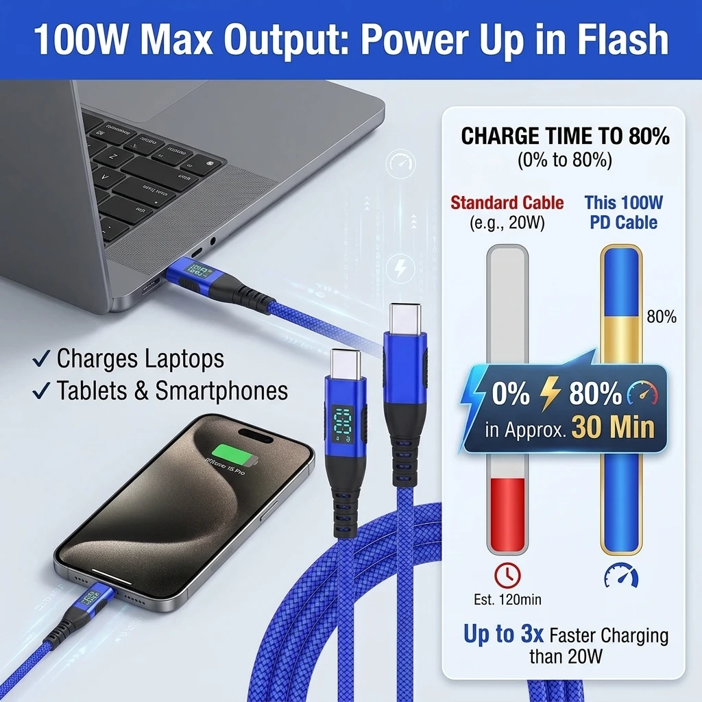 100W 6A LED Display USB C to Type C Cable PD Fast Charging Braided Charger Cord for iPhone 17 16 15 Pro Xiaomi Huawei