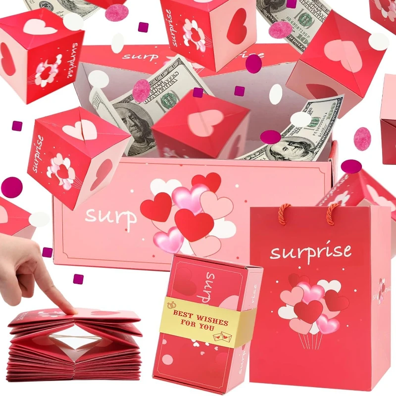 Boîte cadeau de la Saint-Valentin, boîte en papier pliable à faire soi-même, boîte à surprises pour anniversaire, mariage, boîte à explosion, enveloppe rouge