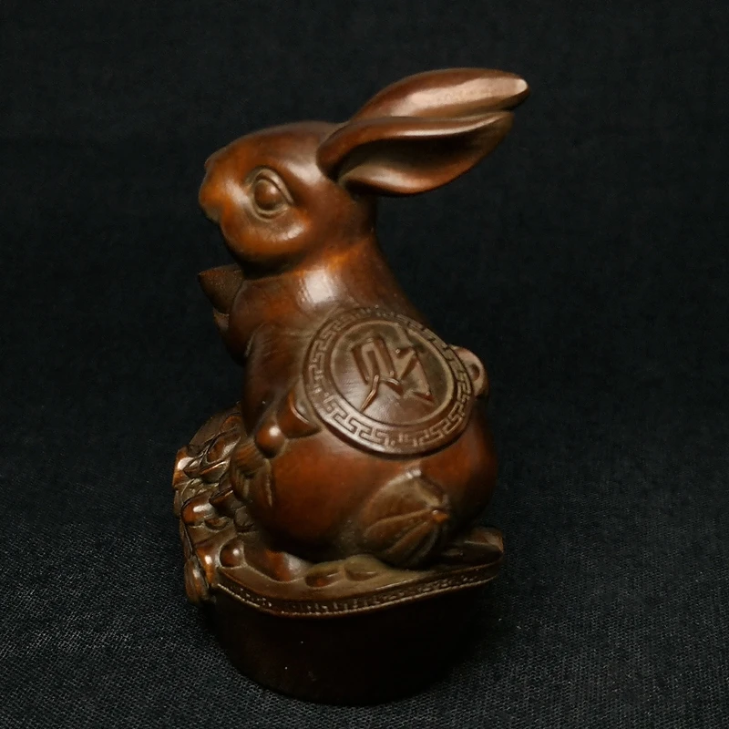 Yuanbao Rabbit Figurine Hand Carved Old Chinese Boxwood 7x5.7x3.6cm Decorative Statue by YIZHU CULTURE ART for Home