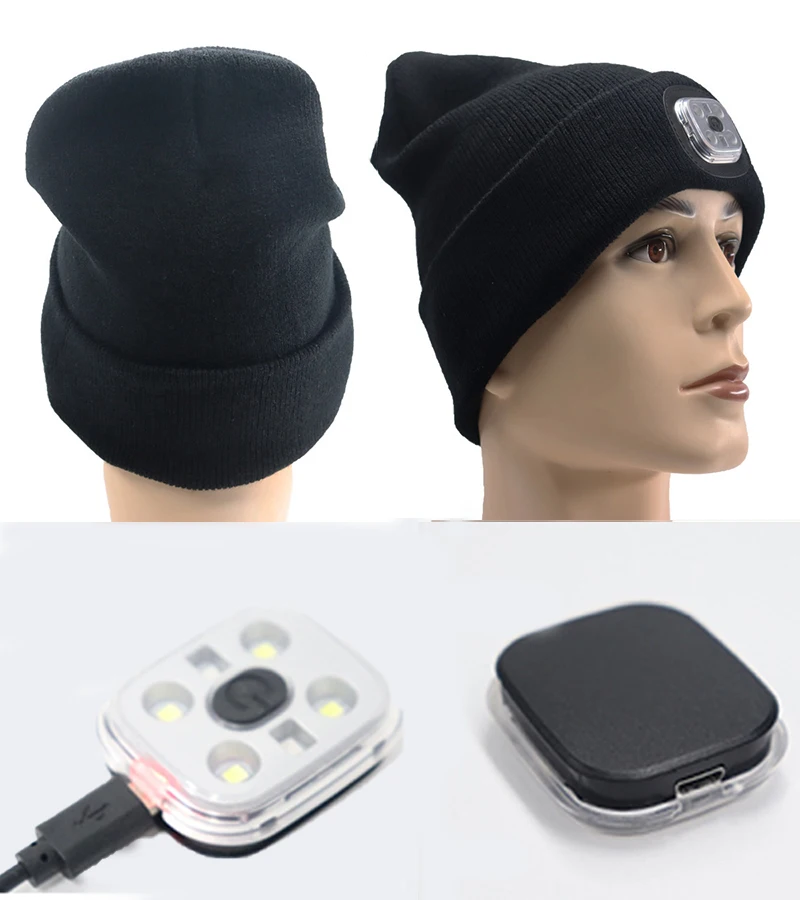 Led Headlamp Cap Winter Warm Cold Protection Knitted Hat Night Hiking Fishing Glow Beanie Hats Unisex Outdoor Fashion Headlight