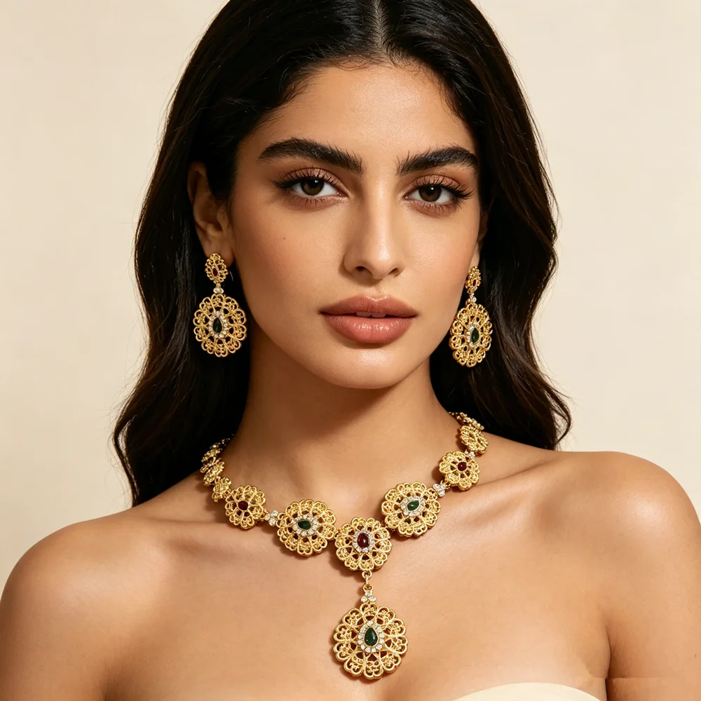Chic Arabic Bridal Earring Necklace Morocco Wedding Jewelry Sets For Women Gold Color Hollow Water Droplets Pendant