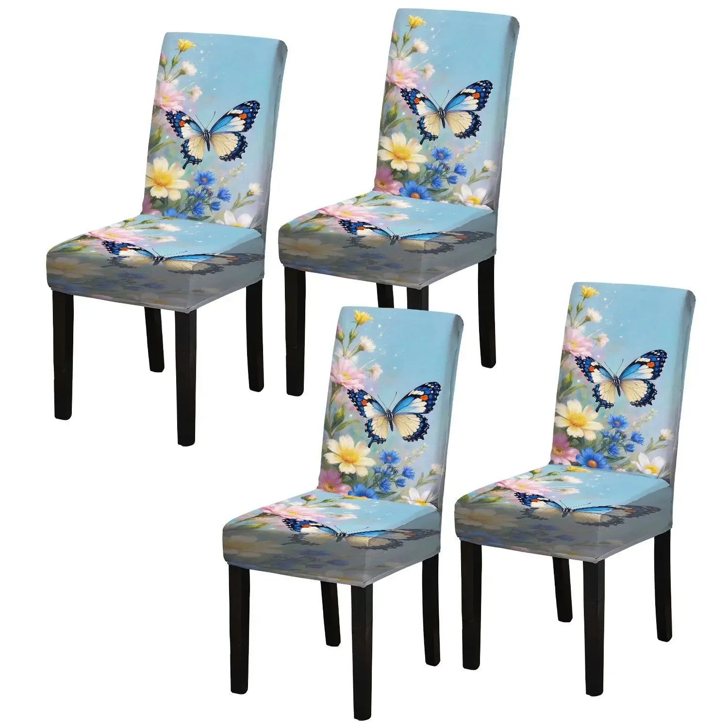 Elastic dining chair cover Smart butterfly flower cluster flying dance printing pattern ，home dining chair protective cover