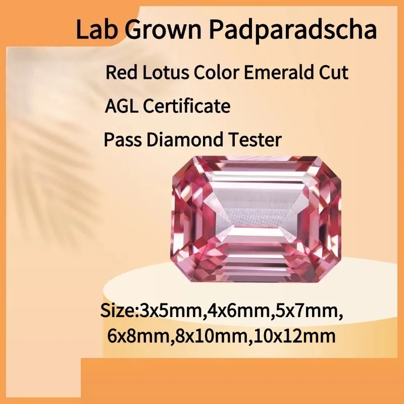 

Lab Grown Padparadscha Emerald Cut Red Lotus Color Loose Gemstone For Ring Necklace Earrings Main Materials Certificate