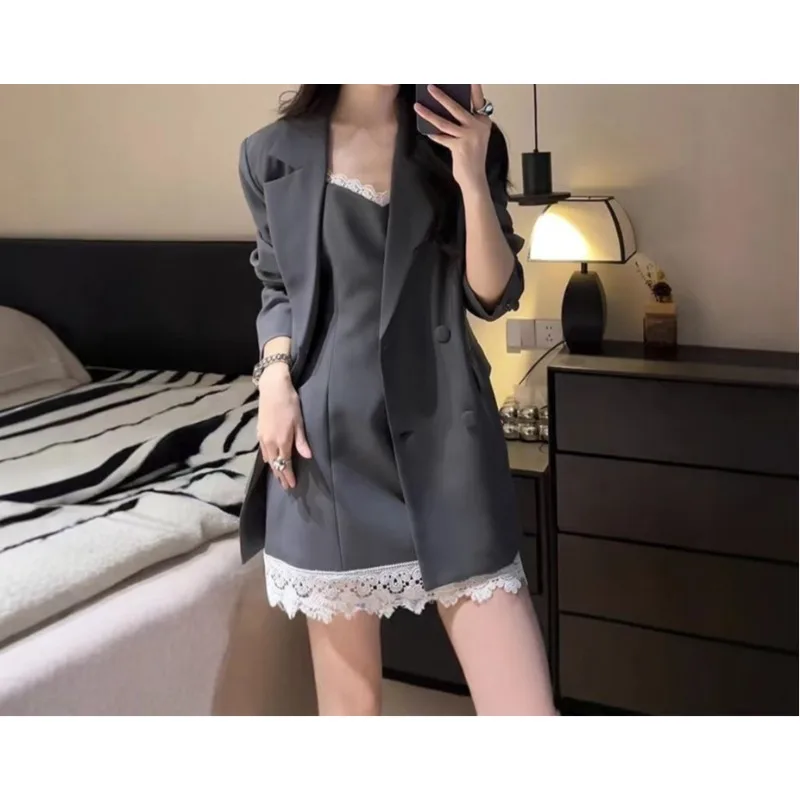 Lace Stitching Suspender Skirt Suit Fashion Jacket Dress Set