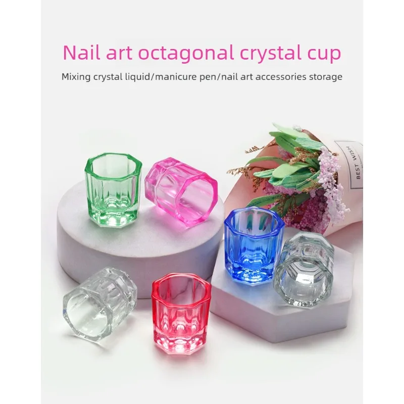 Glass Nail Art Cup Colored Octagon Small Mixing Cup Cleanser Holder Liquid Container Manicure Supply Cross Border Direct