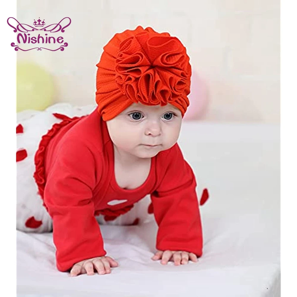 1PCS Solid Nursery Hospital Turban Hat Cap Beanie Bonnet with Big Flower for Baby Girls Toddlers Newborns Infants Headwear