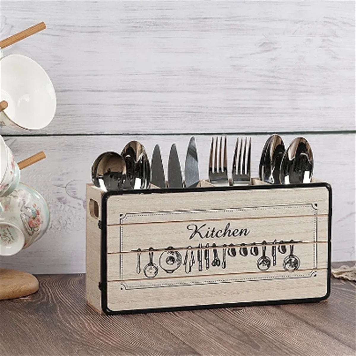 Retro Wooden Tableware Storage Box Tabletop Knife Fork Chopsticks Spoon Storage Rack Home Kitchen Cabinet Organizer