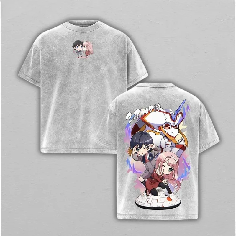 DARLING In The FRANXX Zero Two Hiro Printed Tee Men Women Clothing Washed Cotton T-shirt Couple Casual T Shirt Harajuku Tshirt