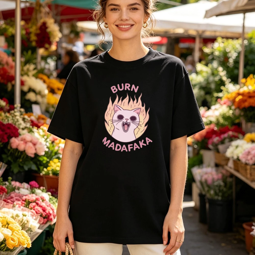 Burn Madafaka Cat Tee Funny Fire Kitten Meme Men Women Cotton Streetwear Tops Retro Trend Cool Street T Shirts