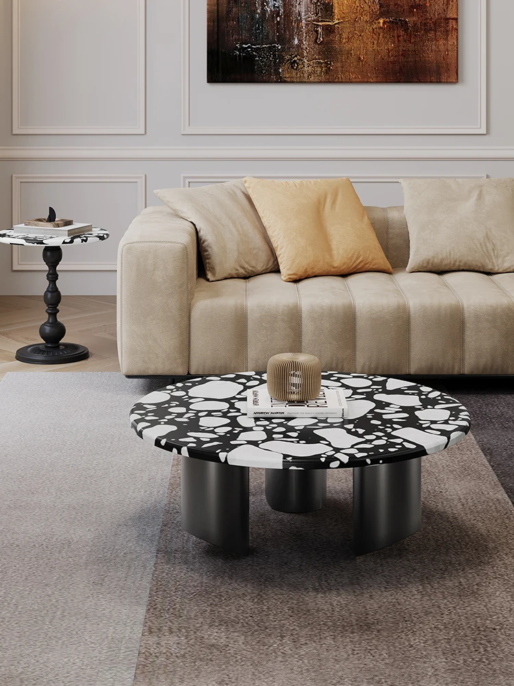 Round terrazzo coffee table, light luxury, high-end natural marble table, sofa edge table