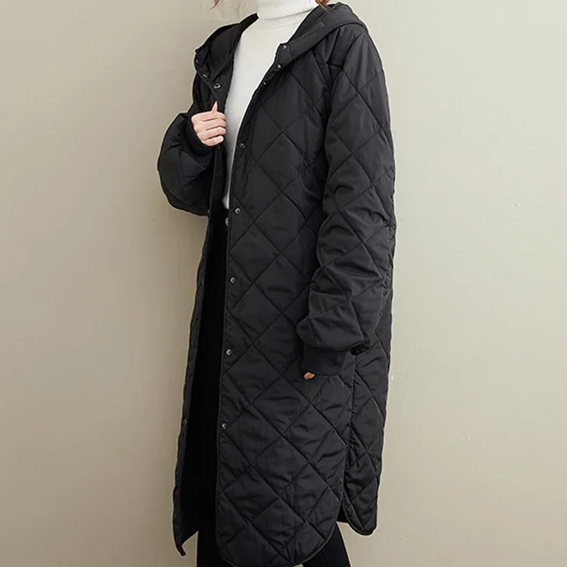 Veste à capuche longue en coton pour femme, manteau au genou, tempérament décontracté, coton épaissi, hiver