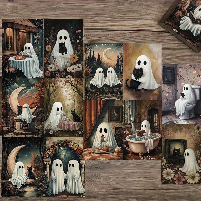 20PCS Creative Halloween Night Skeleton Couple Postcards, Ghost and Black Cat Decorations for Bedroom and Office Use