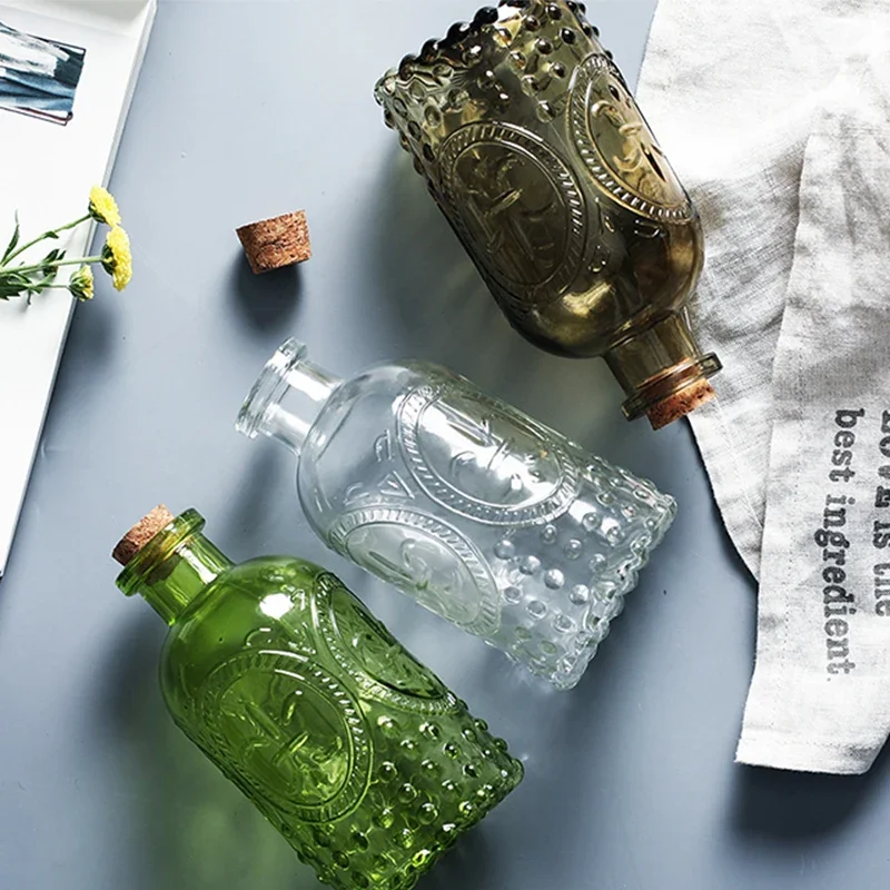 Mini jarrones de flores hidropónicas, botella de vidrio en relieve tridimensional Retro, botella de aceite esencial de aromaterapia, decoración creativa