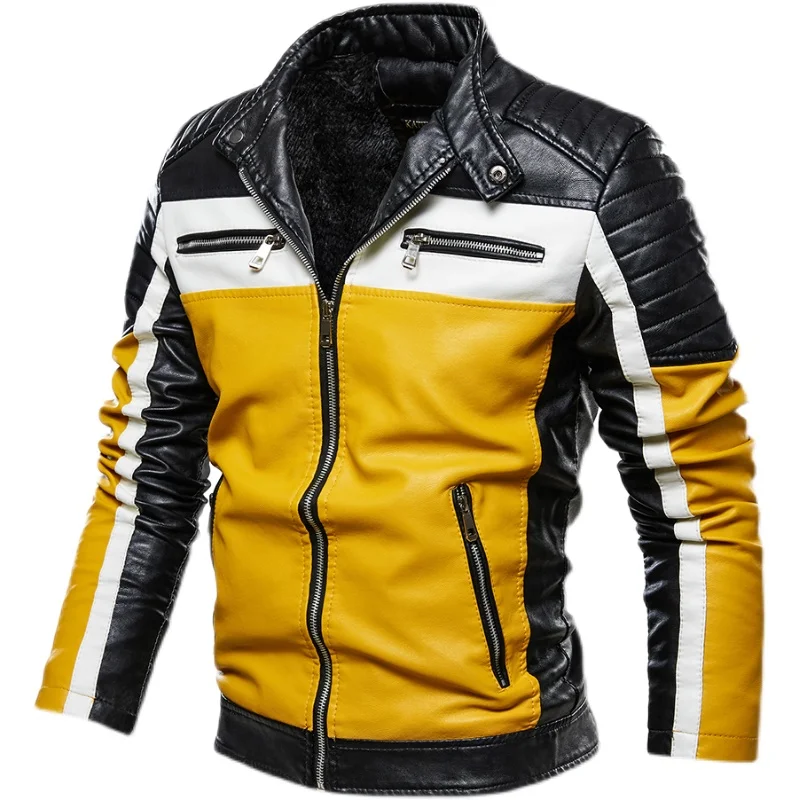 Men Yellow PU Leather Jacket Patchwork Biker Jackets Casual Zipper Coat Male Motorcycle Jacket Slim Fit Fur Lined Outwear Coat