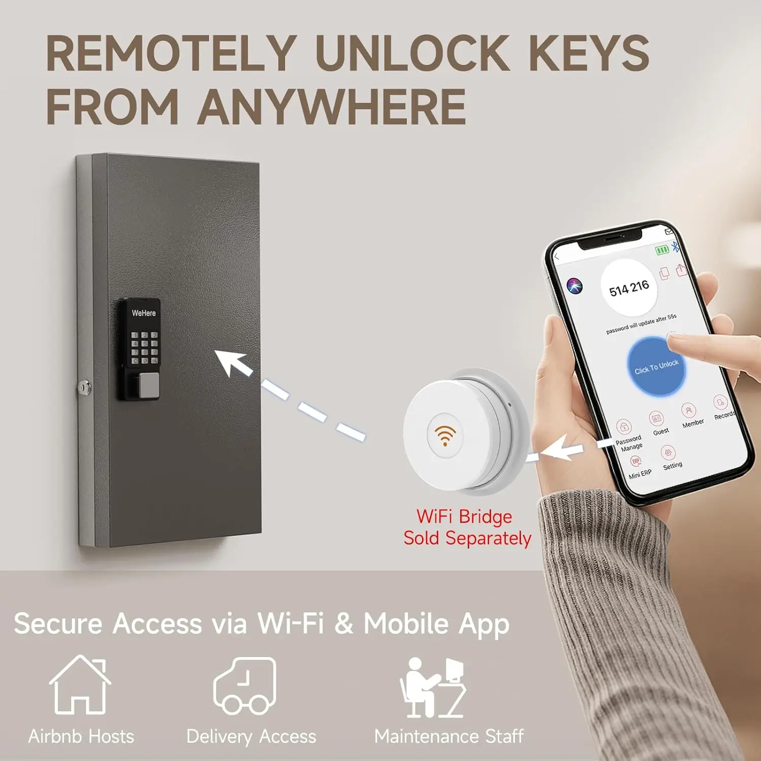 WeHere Remote authorization unlocking Smart Lock Box, 48 Keys Storage Cabinet Wall Mount,OTP/APP Bluetooth/WiFi/Code/Key Unlock