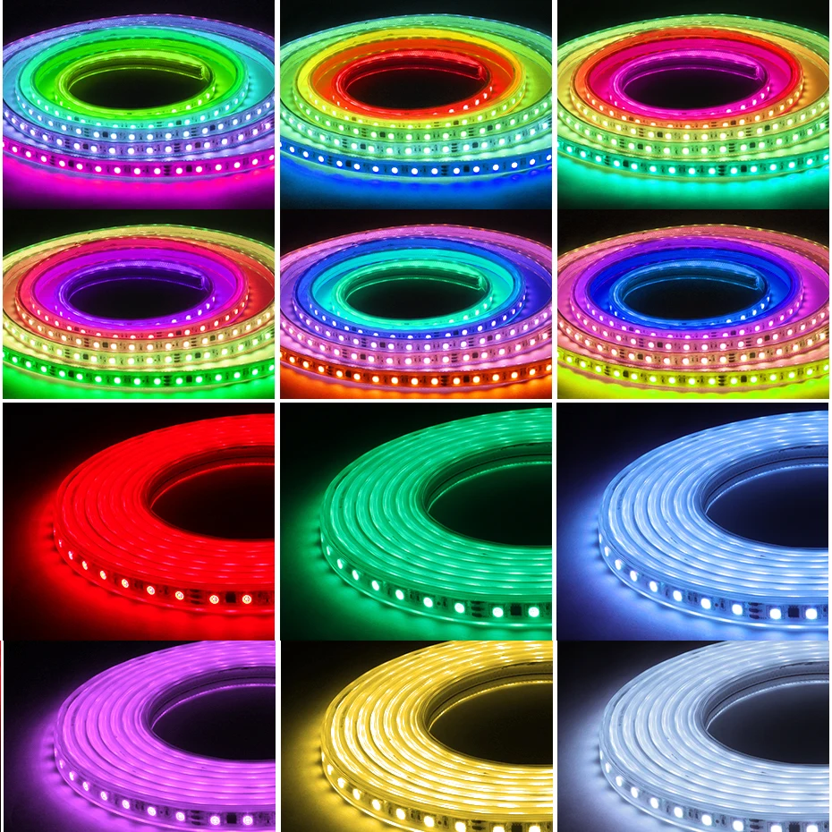 Impermeável RGB LED Strip Light, Controle Bluetooth Inteligente, Sonho Cor Arco-íris, Perseguindo Efeito, Fita Flex, 5050, IP67, 110V, 220V