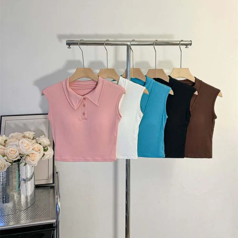 

Solid Color Korean Y2K Crop Tops Cotton with Chest Pads Polo Neck Thin T-shirt Sleeveless V-neck Slim Short Vest Party