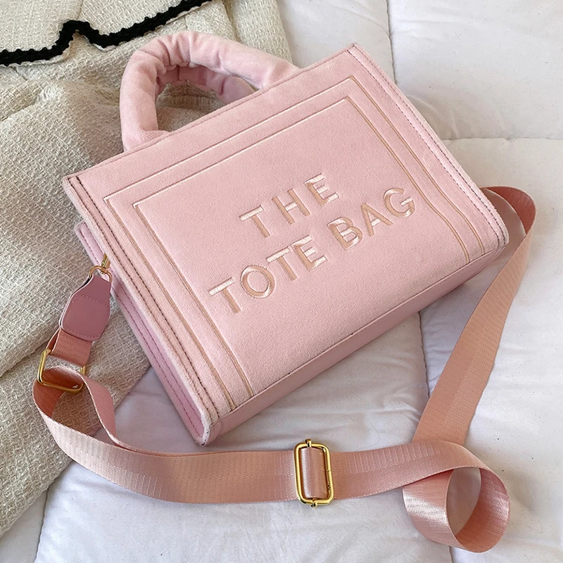 Women\'s Velour Pink Tote Bag Original Letter Print Medium Ladys Leisure Shopper Handbag Female Square Stylish Soft Shoulder Bags