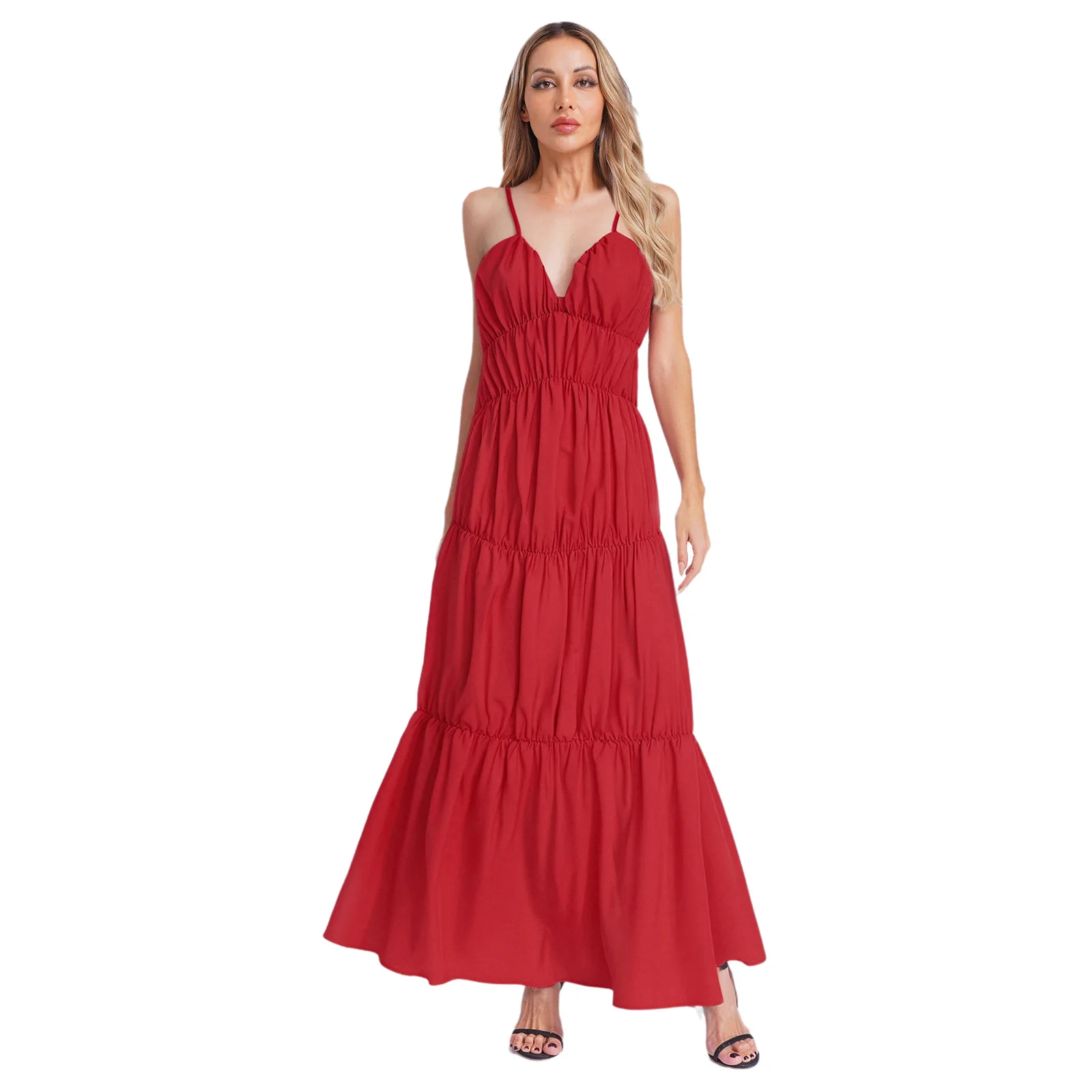 Women Tiered Ruched Sling Maxi Dress V Neck Backless Loose Long Dress Bohemian Solid Color Cami Dress for Beach Vacation Parties