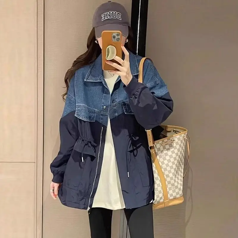 Denim Patchwork Windbreaker Jacket Women Spring Autumn Fashion False Two Pieces Coat Casual Fashionable Medium-length Tops Trend
