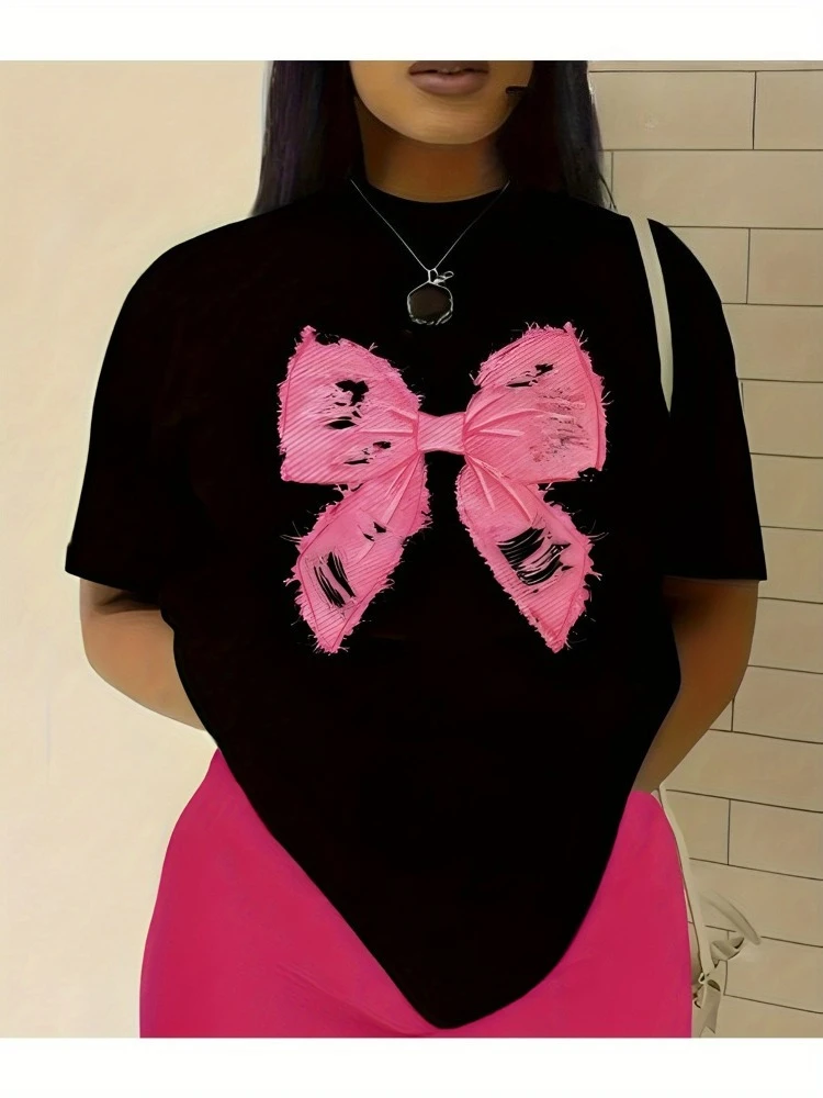 

Pink Butterfly Print T-Shirt Holiday Outing T-Shirt Women's Short-Sleeve Top Loose-Fit Casual Women's Shirt Plus Size