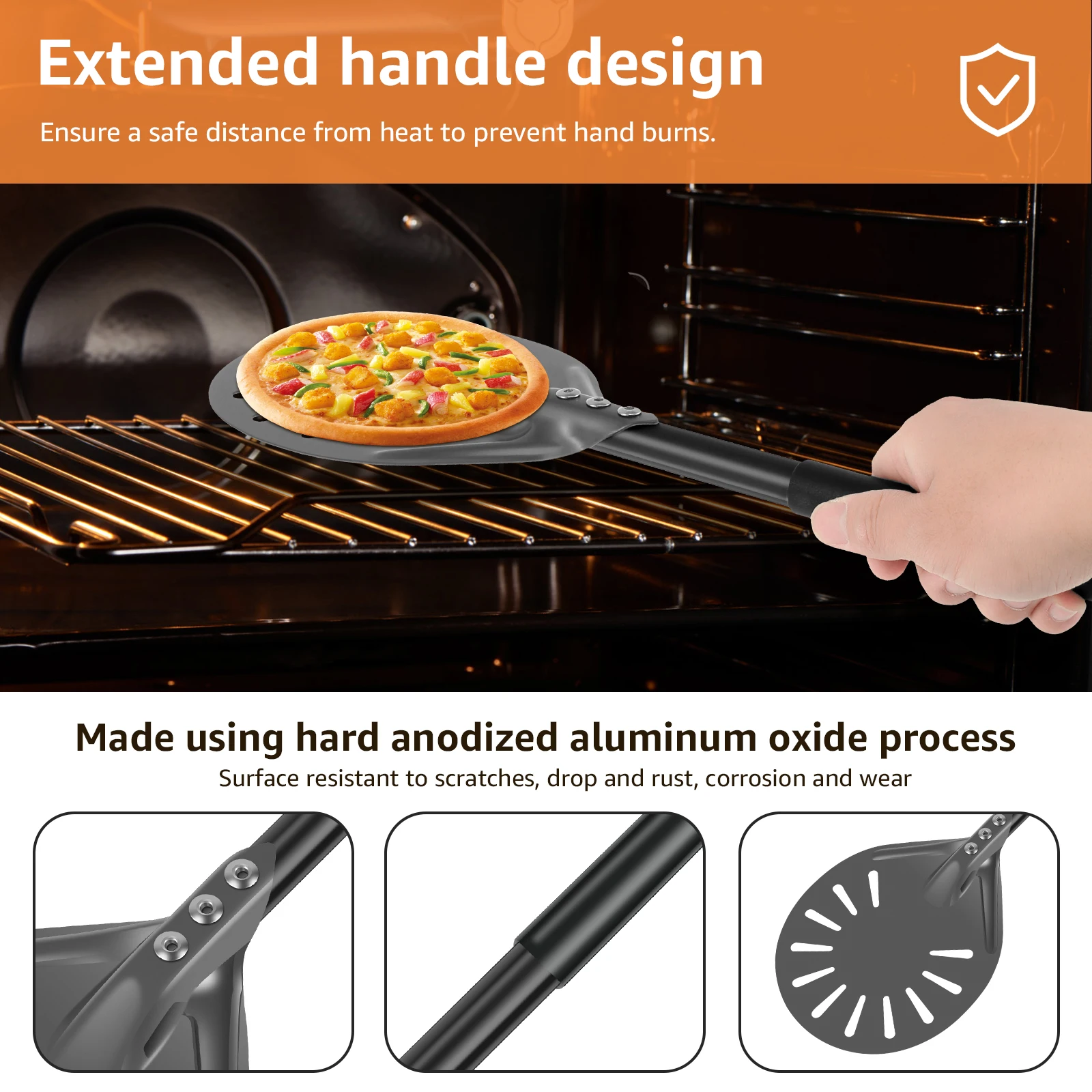 Pizza Turning Peel with Long Handle Aluminum Pizza Peel Spinner Perforated Pizza Turner Spinner Non-Stick Pizza Paddle for Home