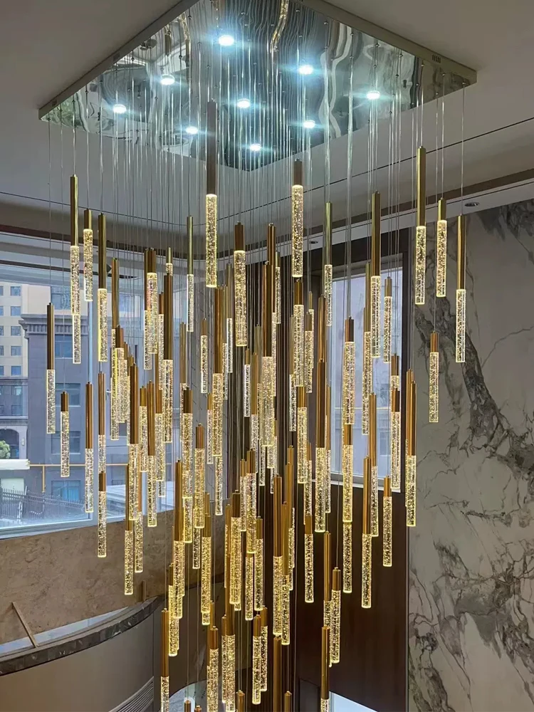 

Rotating Staircase LED Chandelier Modern Simple Luxurious And Grand Hotel Lobby Loft Villa Duplex Living Room Golden Chandelier