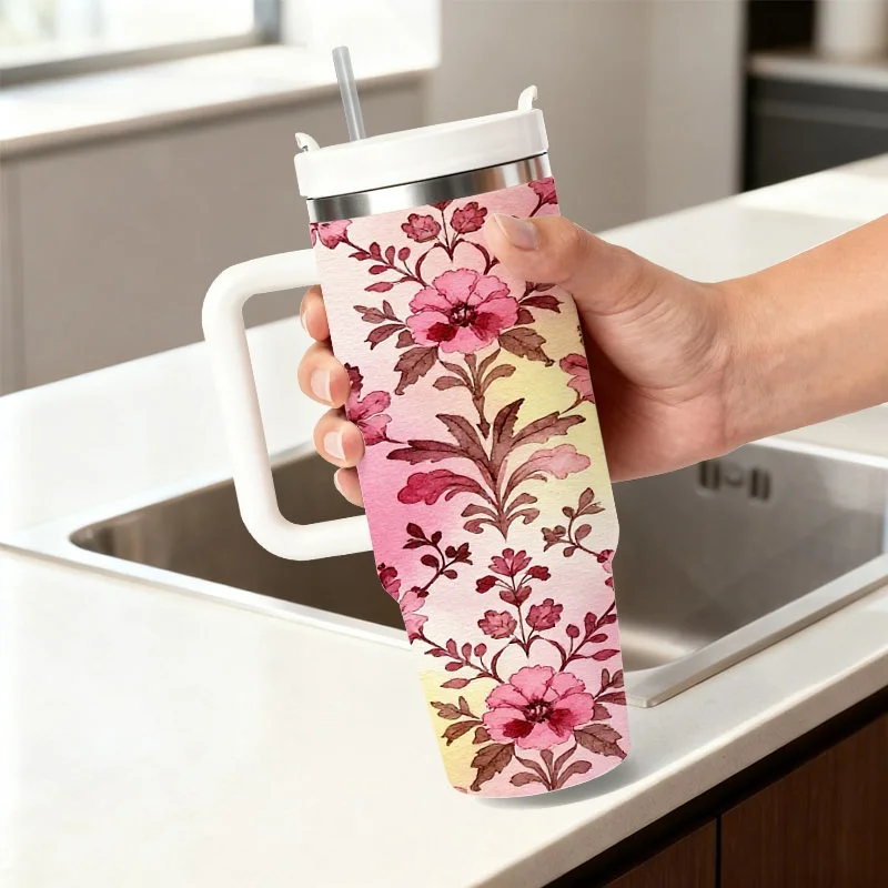 Stainless Steel 40oz Insulated Tumbler, Delicate Watercolor Floral Digital Print with Soft Pink-Yellow Gradient Background, Leakproof Thermal Cup for Daily Drinks, Office Commute & Outdoor Use
