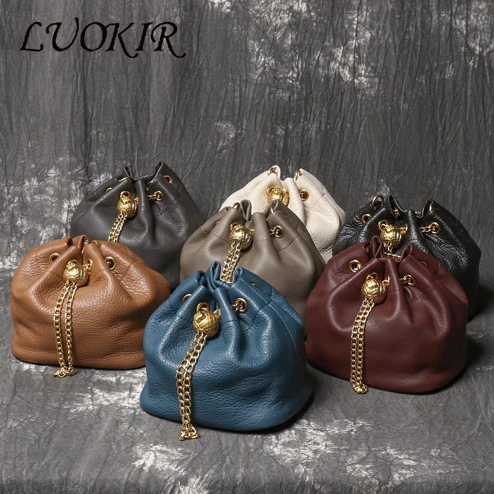 New Metal Drawstring Versatile Women's Handbag Genuine Leather Chain Crossbody Bag Vintage Bucket Bag Mobile Phone Bag