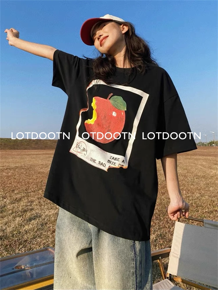 LOTDOOTN Summer New 100% Cotton Apple Graphic T-shirts American Fashion Y2K Women Loose Retro Fresh Harajuku High Street Clothes