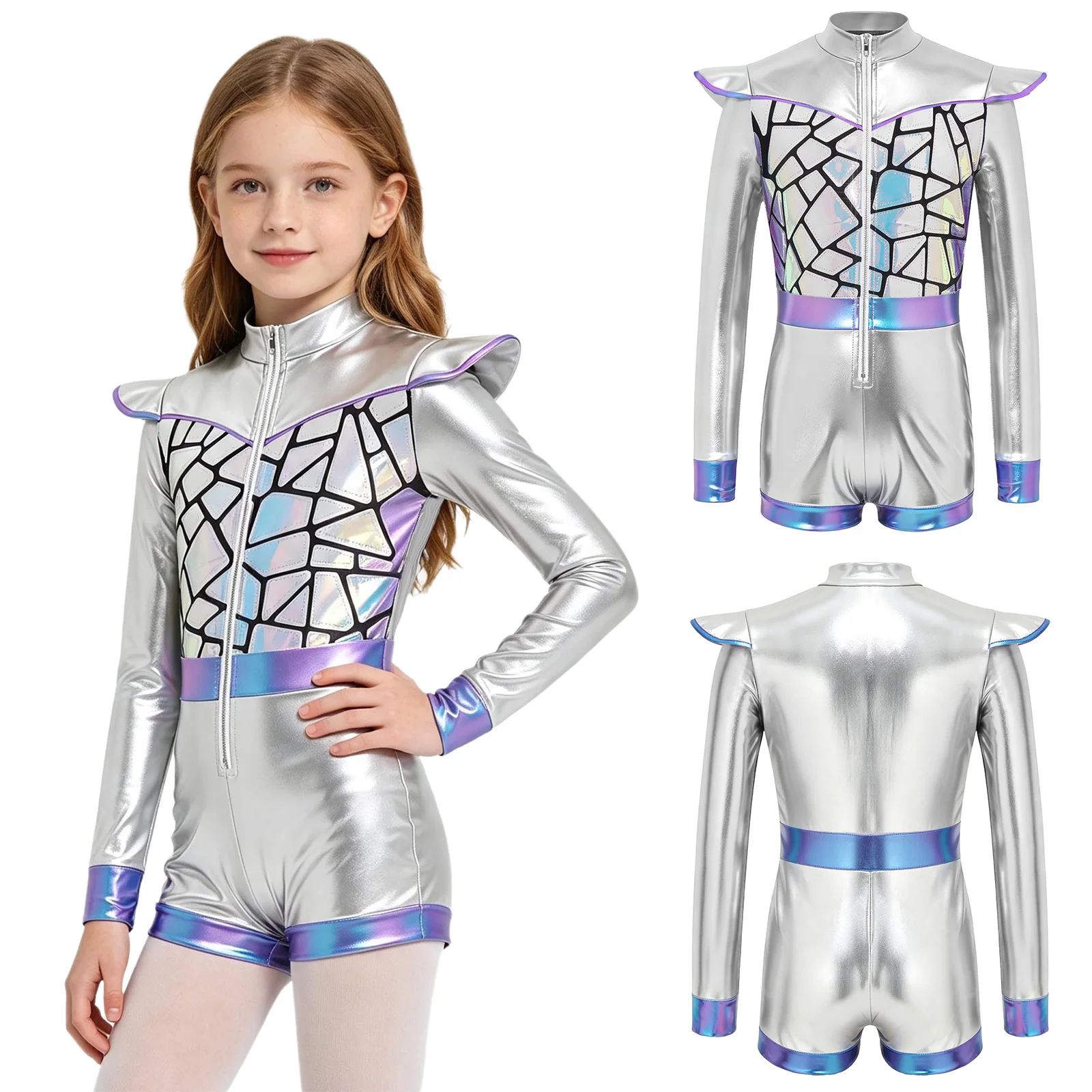 Girls Outer Space Cutie Alien Bodysuit Metallic Shiny Sequin Jumpsuit Robot Astronaut Dress Up Costume for Halloween Theme Party