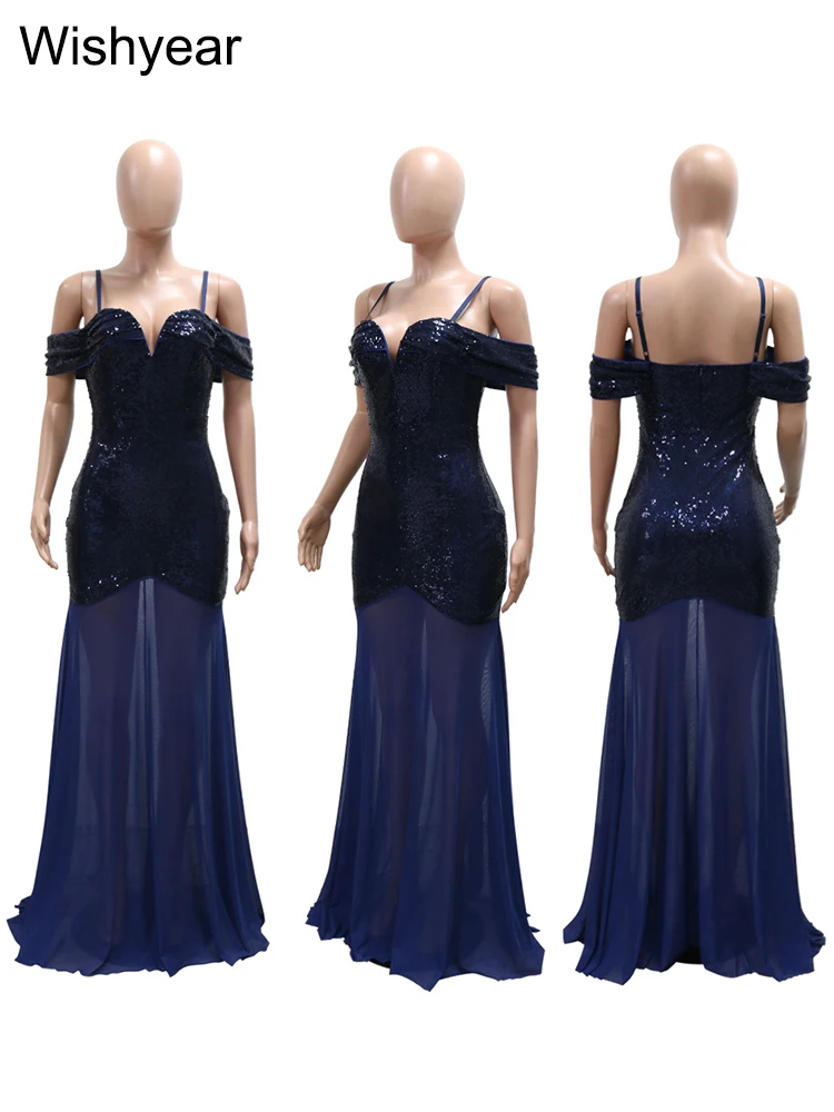 New Wedding Guests Dress Women Sexy Off The Shoulder Sequins Mesh Patchwork Formal Dinner Evening Birthday Party Cocktail Luxury