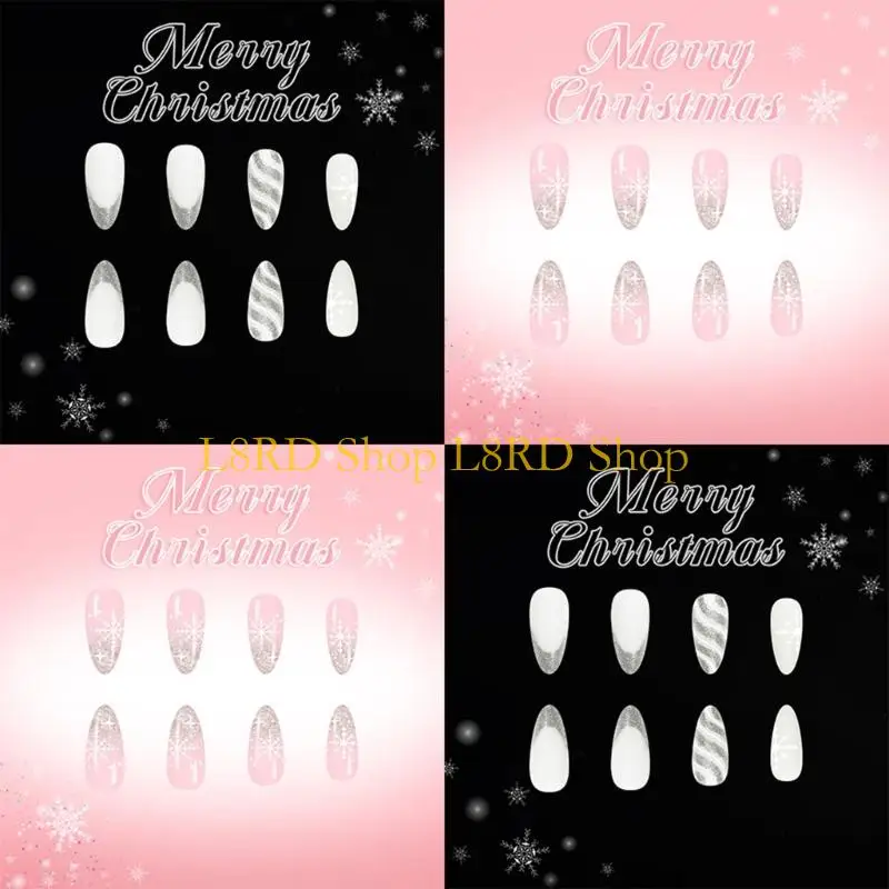L8RD MultiSize Christmas Press On 48PCS Snowman Glitters French Manicure Set Shines Artificial For Holiday