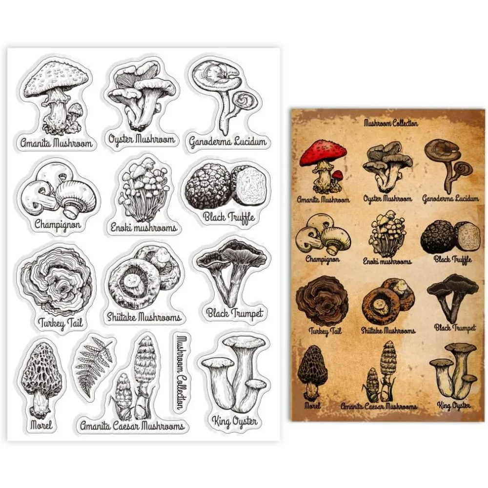 Sello transparente serie de setas para hacer tarjetas, hongos Amanita, sello de silicona transparente, setas Shiitake, sello transparente de silicona