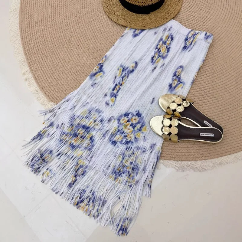 Miyake Pleated 2026 Original Oil Painting Print Floral Pleated Skirt Draped Straight Print Tassel Half Skirt for Women Pleat