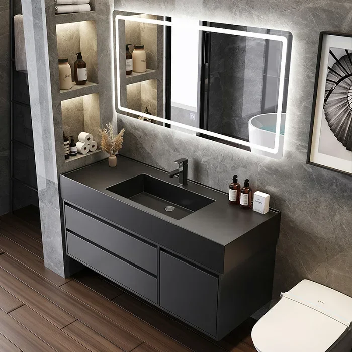 

Bathroom Cabinet Combination with Rock Integrated Basin Drawer Vanity Intelligent Bathroom Cabinet Sink Washbasin Furniture
