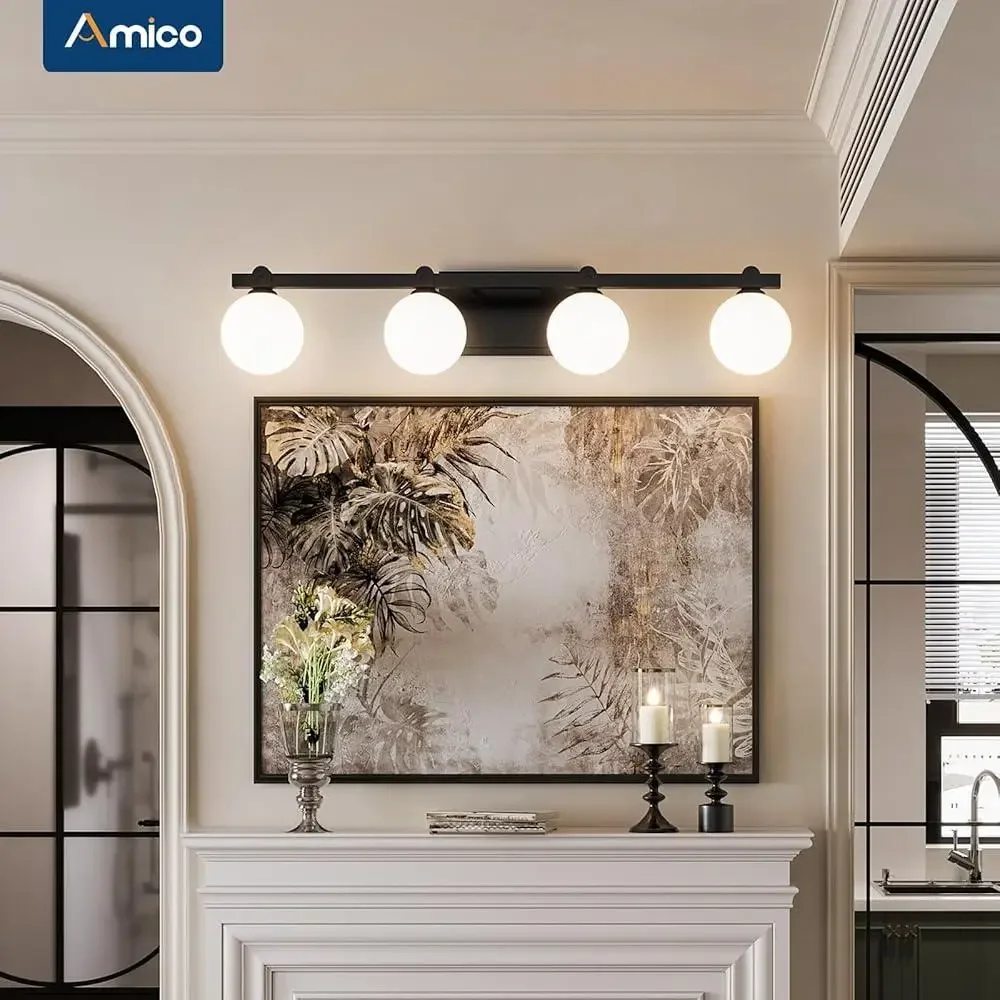 4-Light Vanity Lighting with Globe Glass Shade G9 Bulbs Durable Metal Bathroom Wall Fixtures Adjustable Up Down Installation