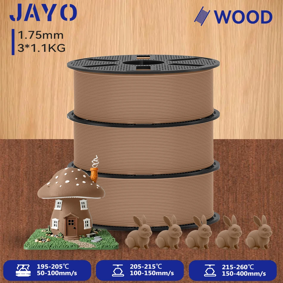 JAYO 3 Rollen Holz-PLA 3D-Filament 1,75mm 1,1KG/Rolle PLA Holztextur 3D-Drucker-Filament 10-15% Holzfaser 3D-Druckmaterialien