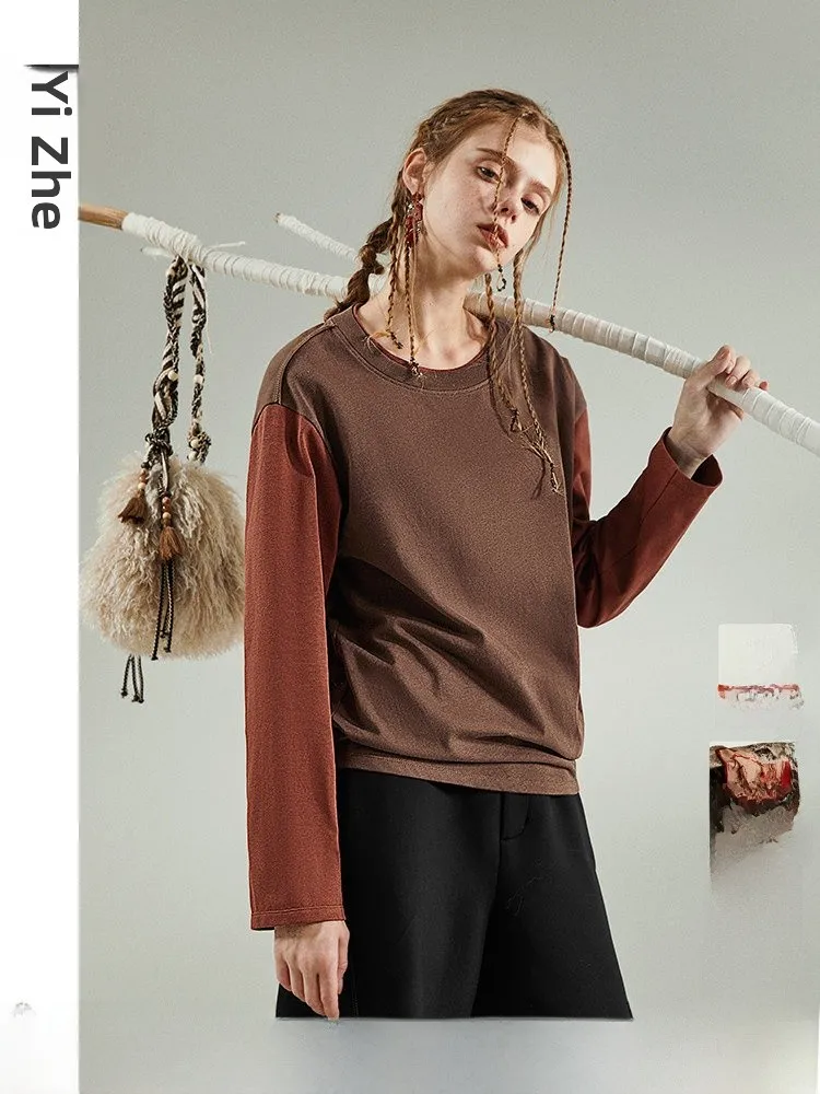 

Loose Long Sve round Ne T-irt Women's Red Casual Sle Cotton Snow Monster Design Spring New Arrival Casual Faion