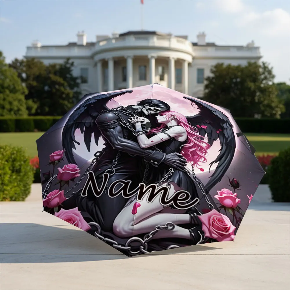 Custom Name Umbrella Gothic Skeleton Dark Angel Couple Under Pink Full Moon With Roses Print Folding Umbrella, Portable Parasol