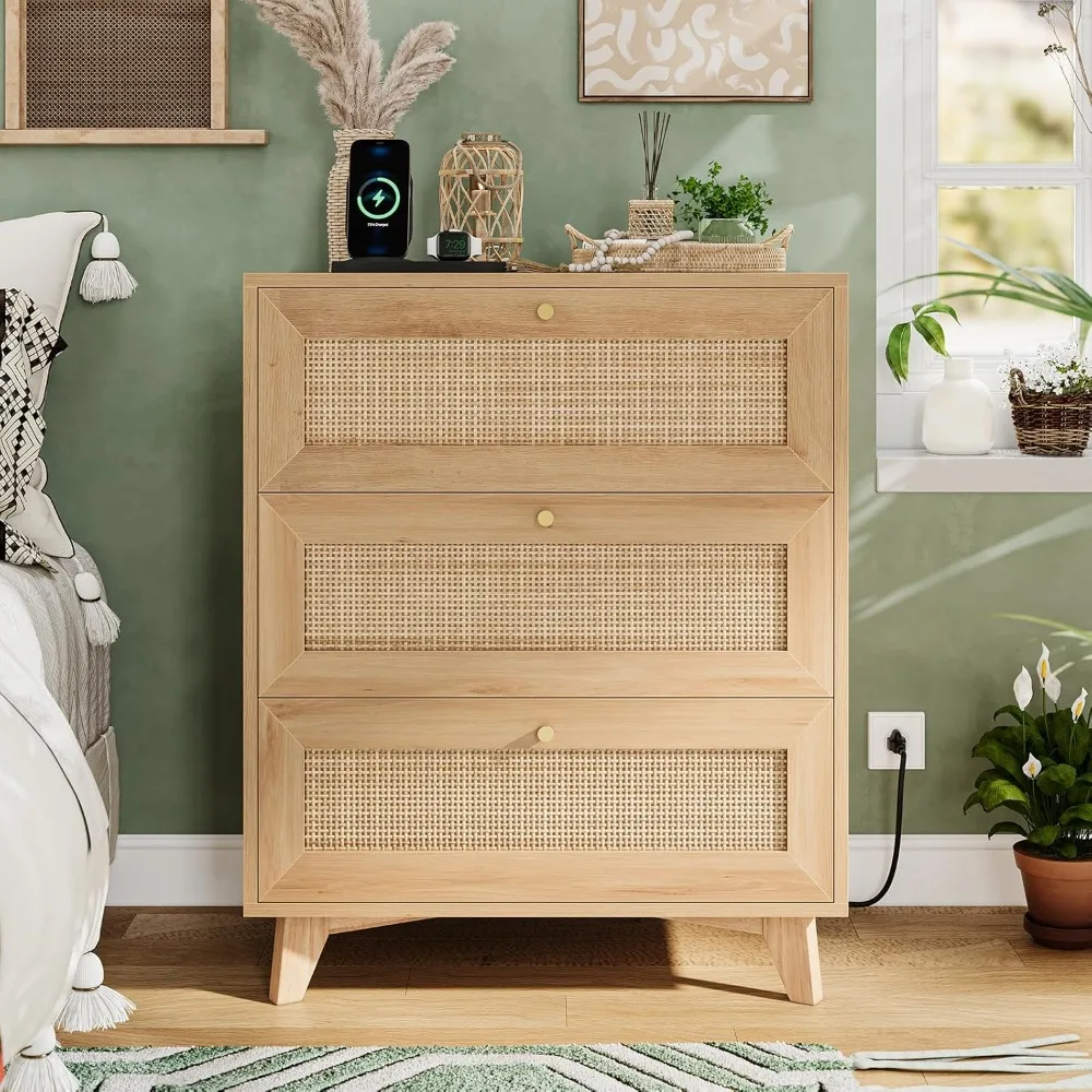 

Rattan Nightstand with Charging Station, Natural Rattan Night Stand with 3 Large Wicker Decorated Drawers, Boho Bedside Table