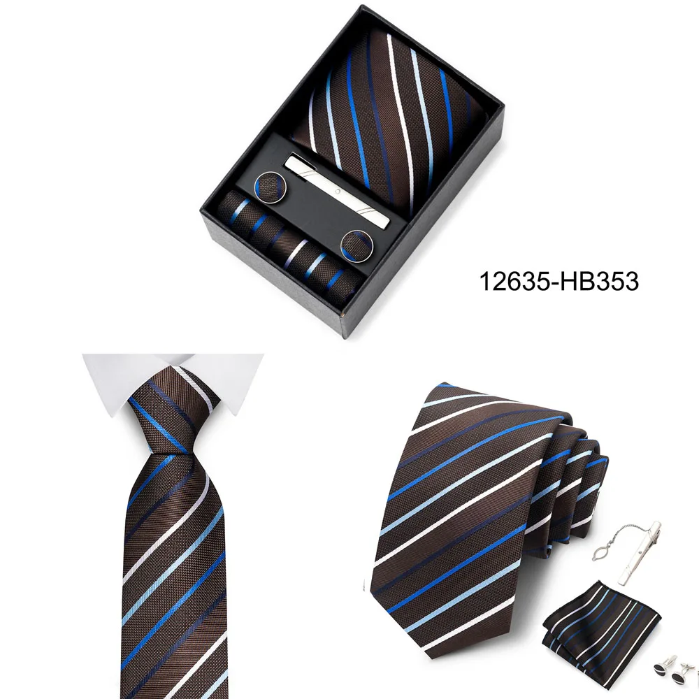 Heißer Verkauf Urlaub Geschenk Box Für Männer 8 cm Krawatte Taschentuch Manschettenknopf Clip Set Blau Druck Hochzeit Geschenk Fit Business – Detail 17