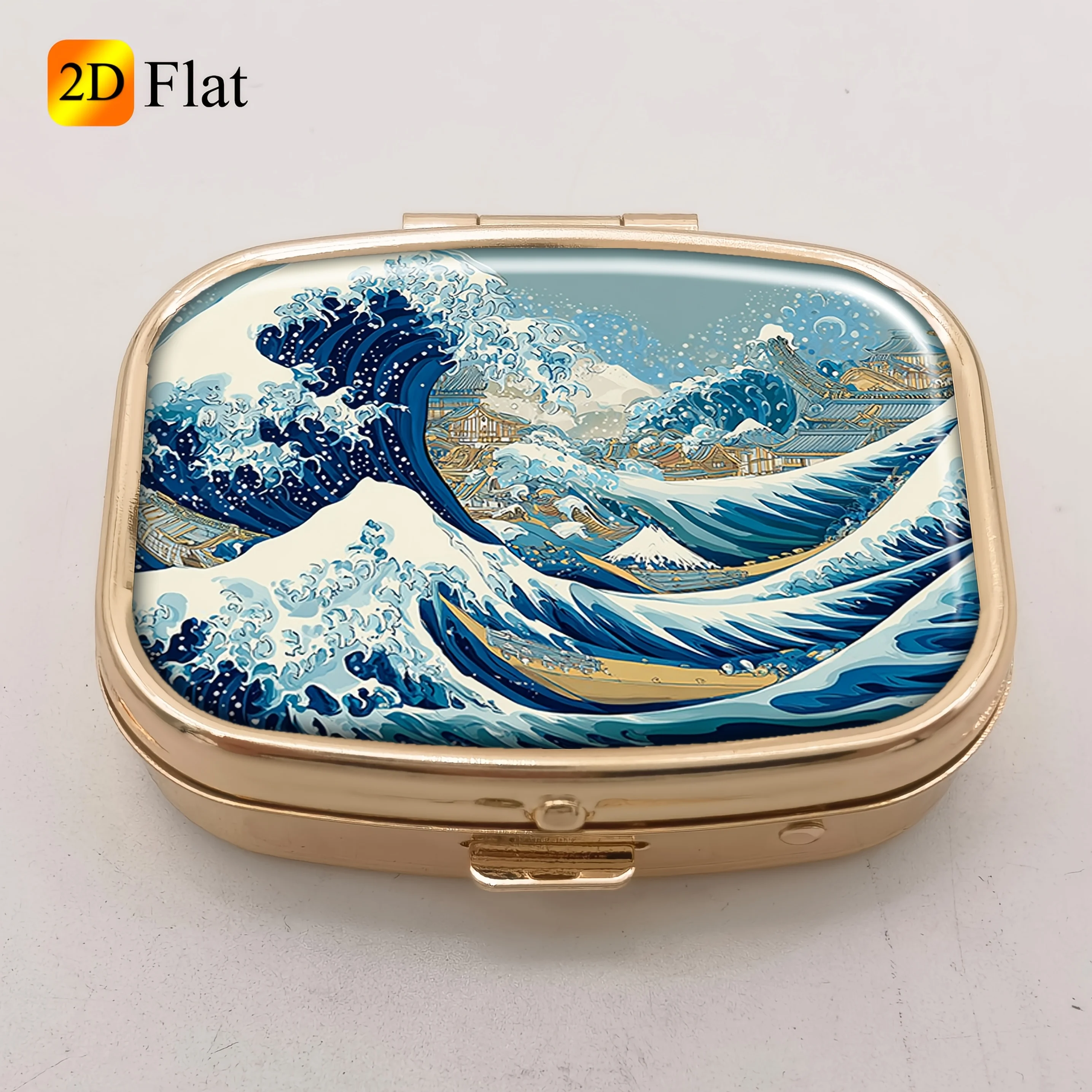 2D Wave-Inspired Japanese-Style Landscape Portable Pill Box, Storage Box for Vitamins, Fish Oil, and Health Supplements, Small Travel Container for Daily Use