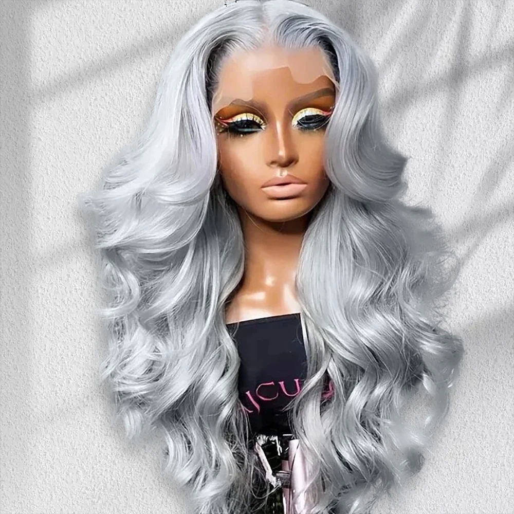 

613 silver gray colored curl Wig 13x6 Lace Front Body wave Wig 200% Density 100% Brazilian Human Hair length Wig of Wowen