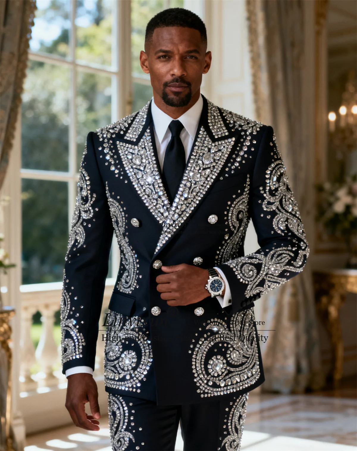 

Sparkly Jewelry Ornament Men Suits 2 Pieces Sets Wedding Party Tuxedos Customized Groom Slim Double Breasted Blazer Ropa Hombre