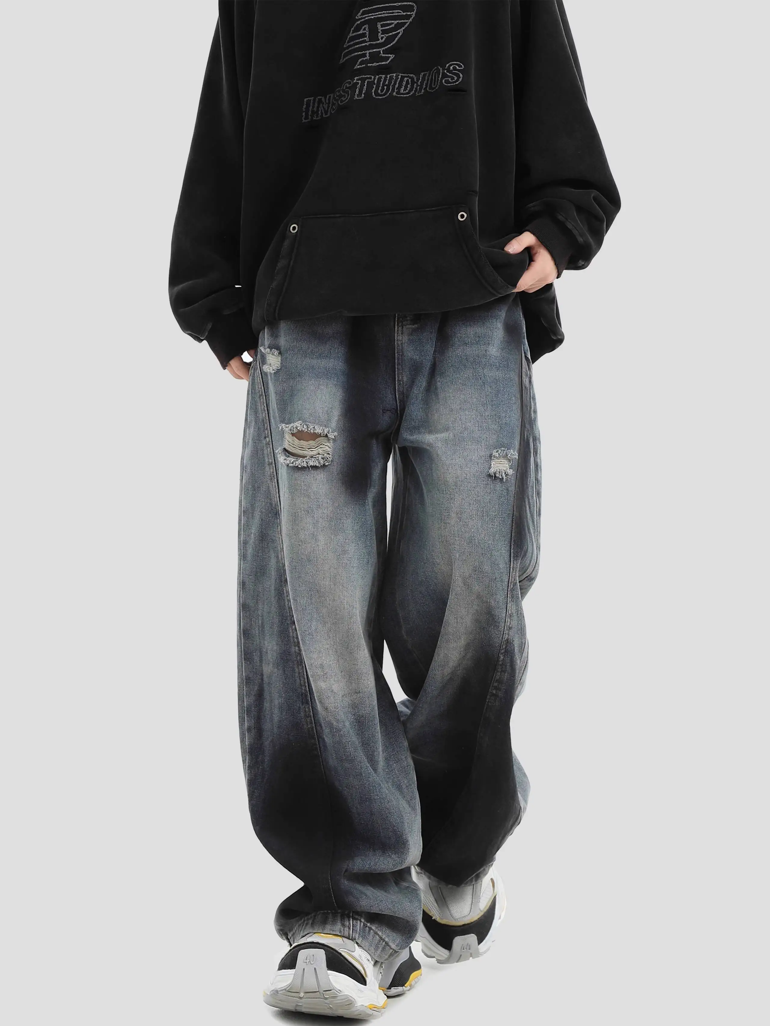 Man Hole Jeans 2025 New Unisex Couple Jeans Splatter Print Washed Distressed Loose Wide Leg Long Denim Pants
